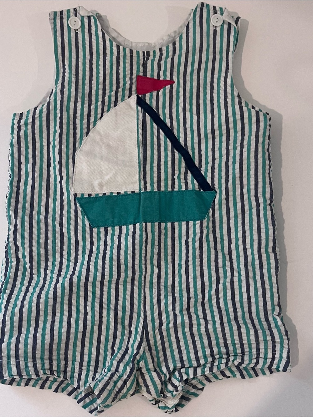 Funtasia Too Baby Boy Seersucker Striped Shortall With Appliquéd Sailboat 24m